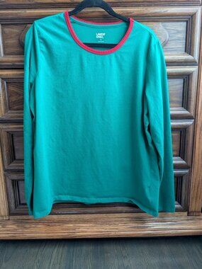 Lands End Green Cotton Long Sleeve Shirt with Red Trim Size XL